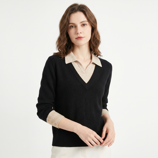 Womens Sweater – V Neck Faux Layered Shirt Collar