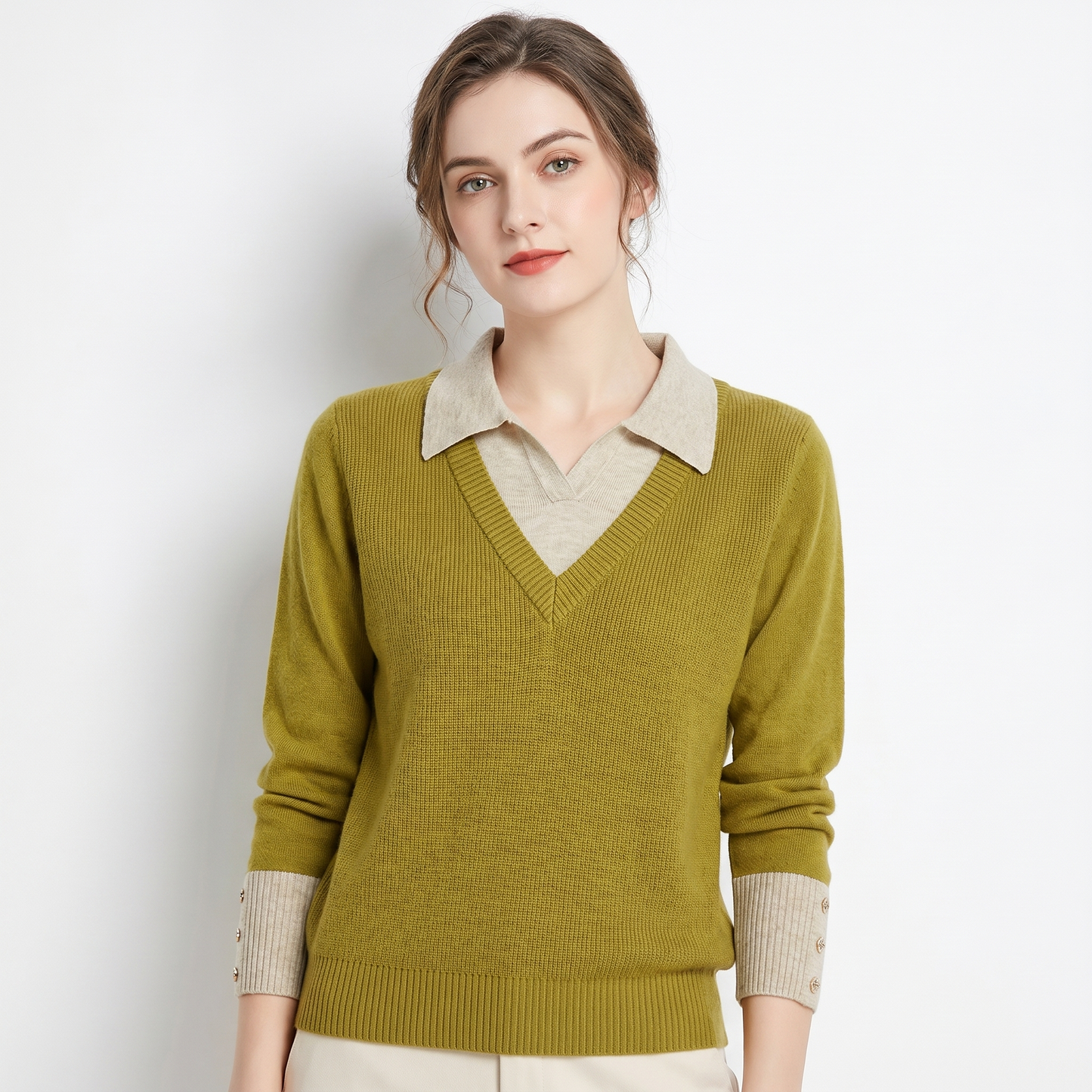Womens Sweater – V Neck Faux Layered Shirt Collar
