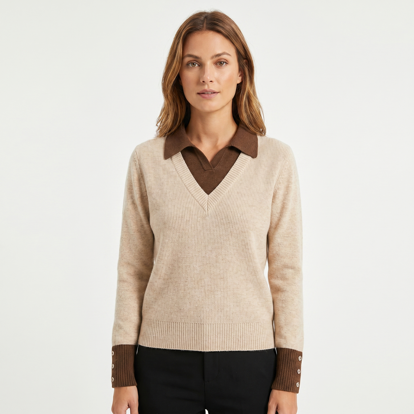 Womens Sweater – V Neck Faux Layered Shirt Collar