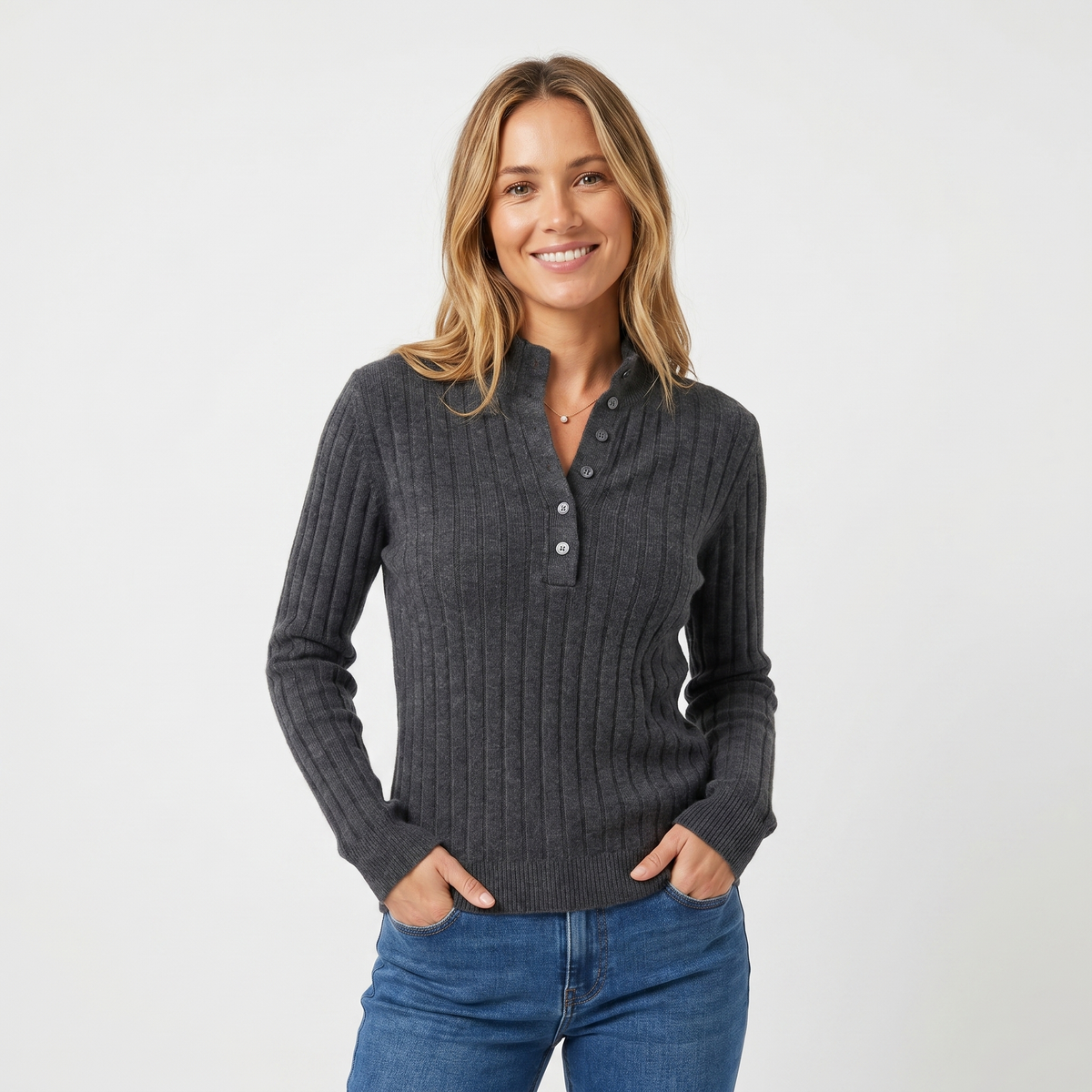 Womens Ribbed Knit Henley – Stand Collar Long Sleeve