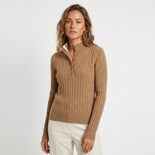 Womens Ribbed Knit Henley – Stand Collar Long Sleeve
