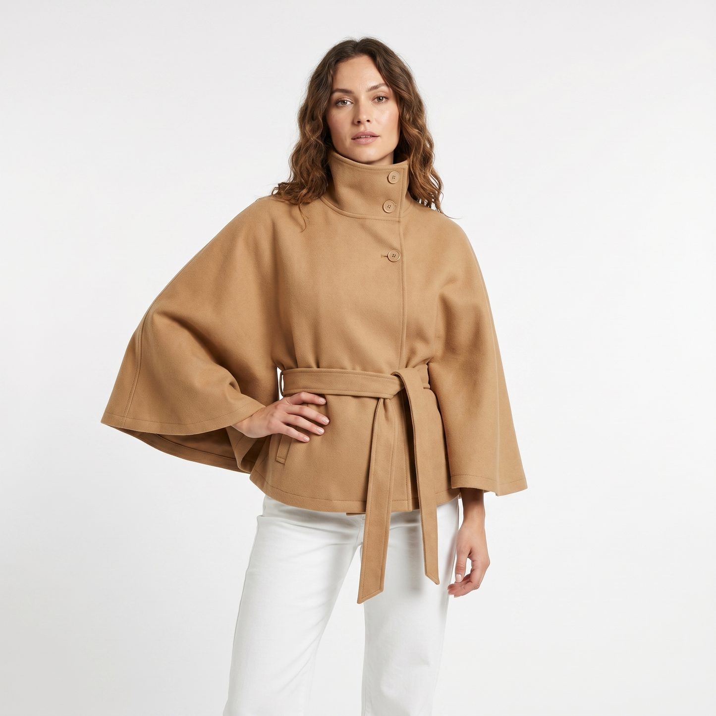 Women's Cape Jacket – Belted Wool-Look Funnel Neck Cropped