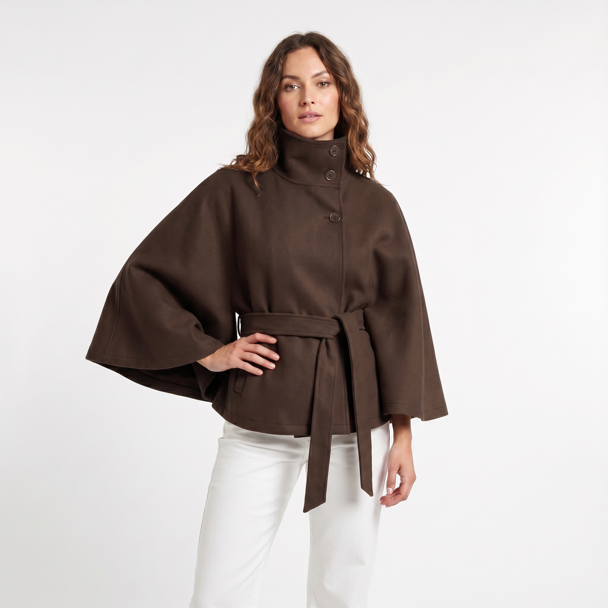 Women's Cape Jacket – Belted Wool-Look Funnel Neck Cropped
