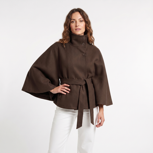Women's Cape Jacket – Belted Wool-Look Funnel Neck Cropped