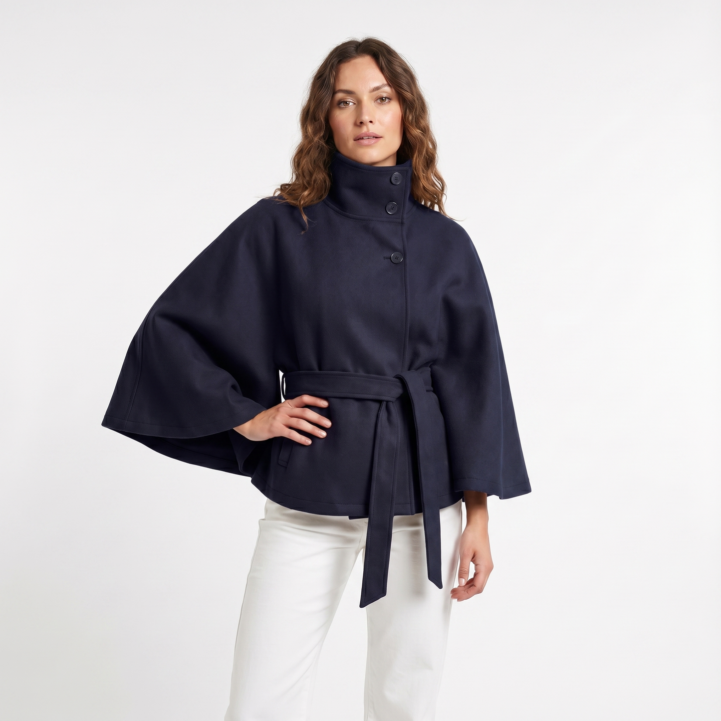 Women's Cape Jacket – Belted Wool-Look Funnel Neck Cropped