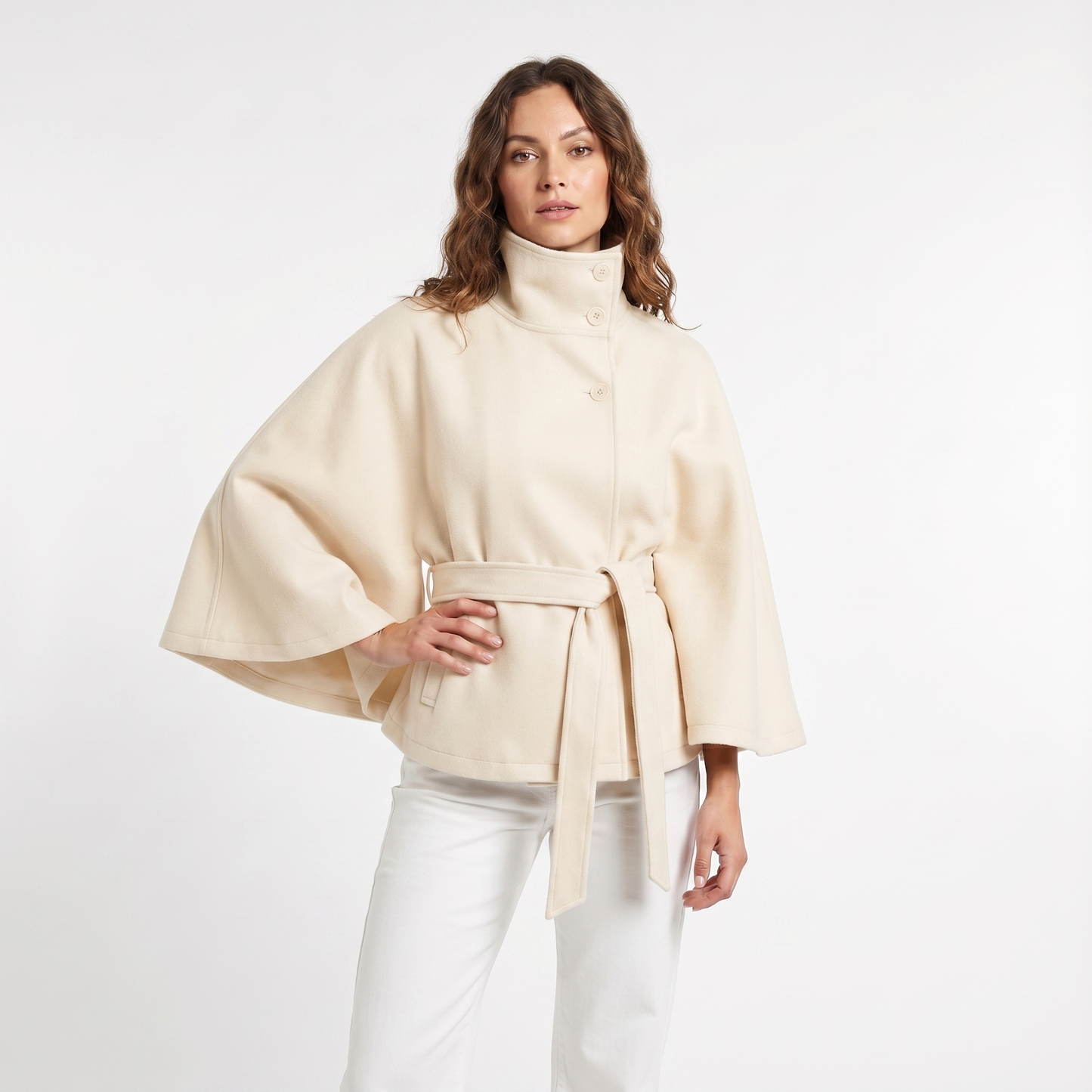 Women's Cape Jacket – Belted Wool-Look Funnel Neck Cropped