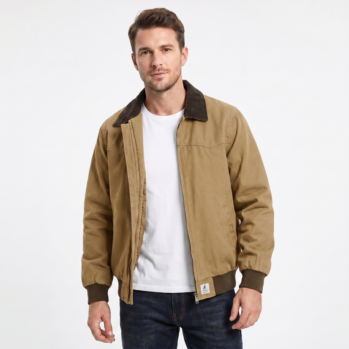 Men's Casual Jacket – Canvas Zip-Up Corduroy Collar Workwear