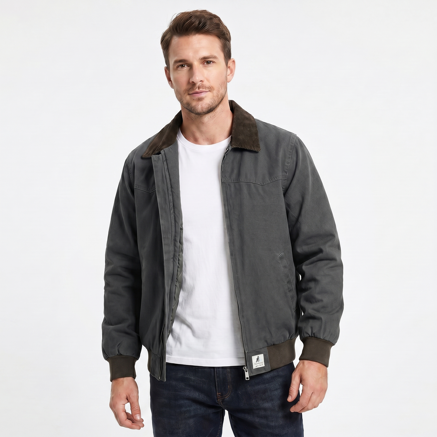 Men's Casual Jacket – Canvas Zip-Up Corduroy Collar Workwear