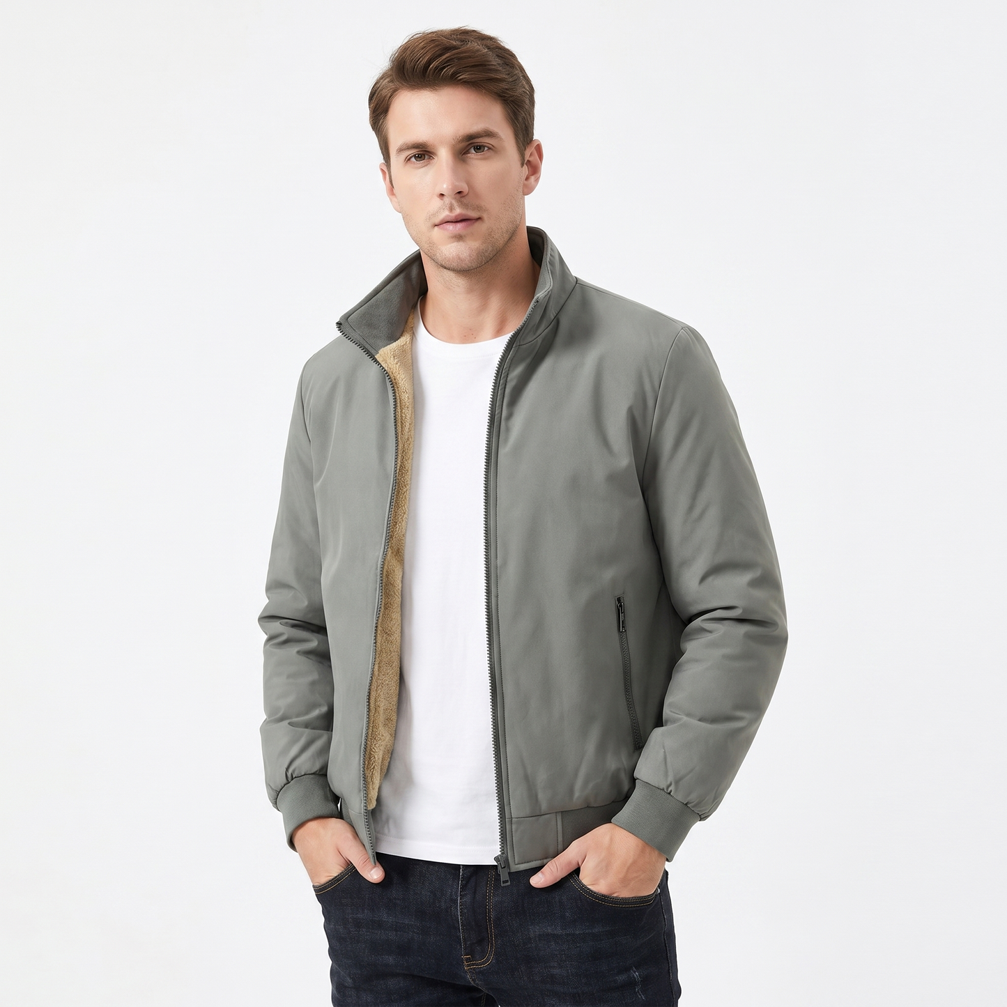 Men's Sherpa Lined Jacket – Smooth Shell Bomber Stand Collar Zip