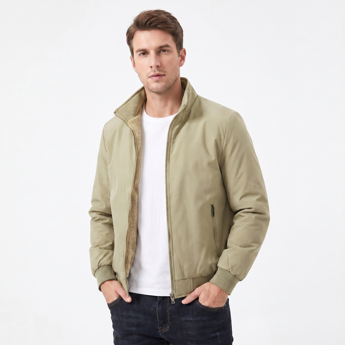 Men's Sherpa Lined Jacket – Smooth Shell Bomber Stand Collar Zip