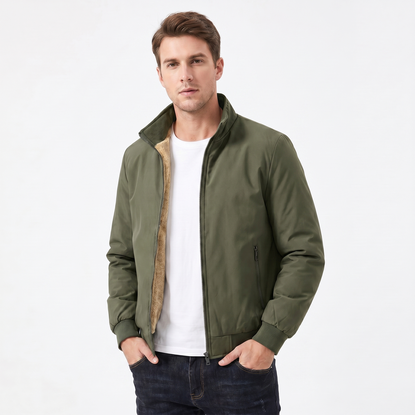 Men's Sherpa Lined Jacket – Smooth Shell Bomber Stand Collar Zip