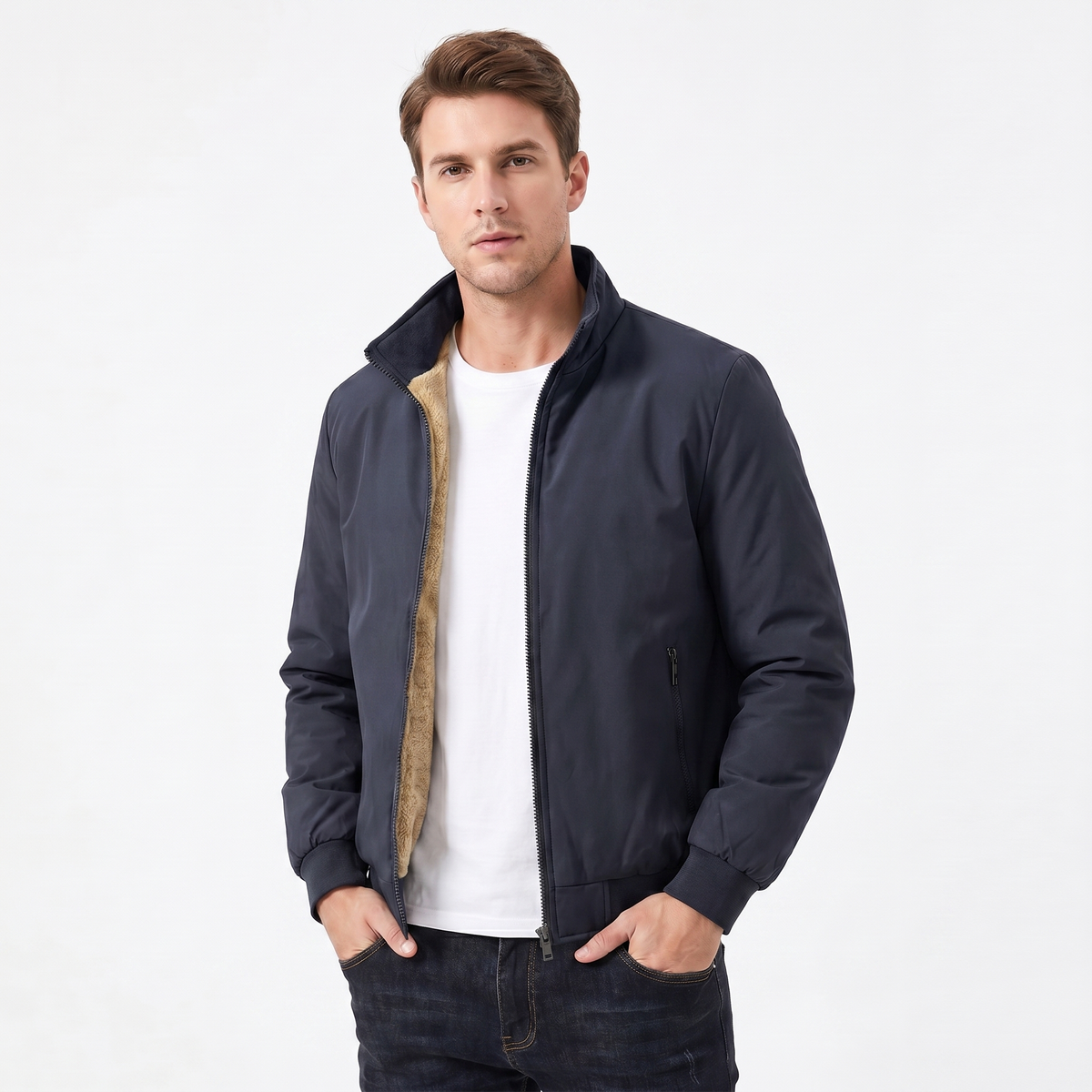 Men's Sherpa Lined Jacket – Smooth Shell Bomber Stand Collar Zip