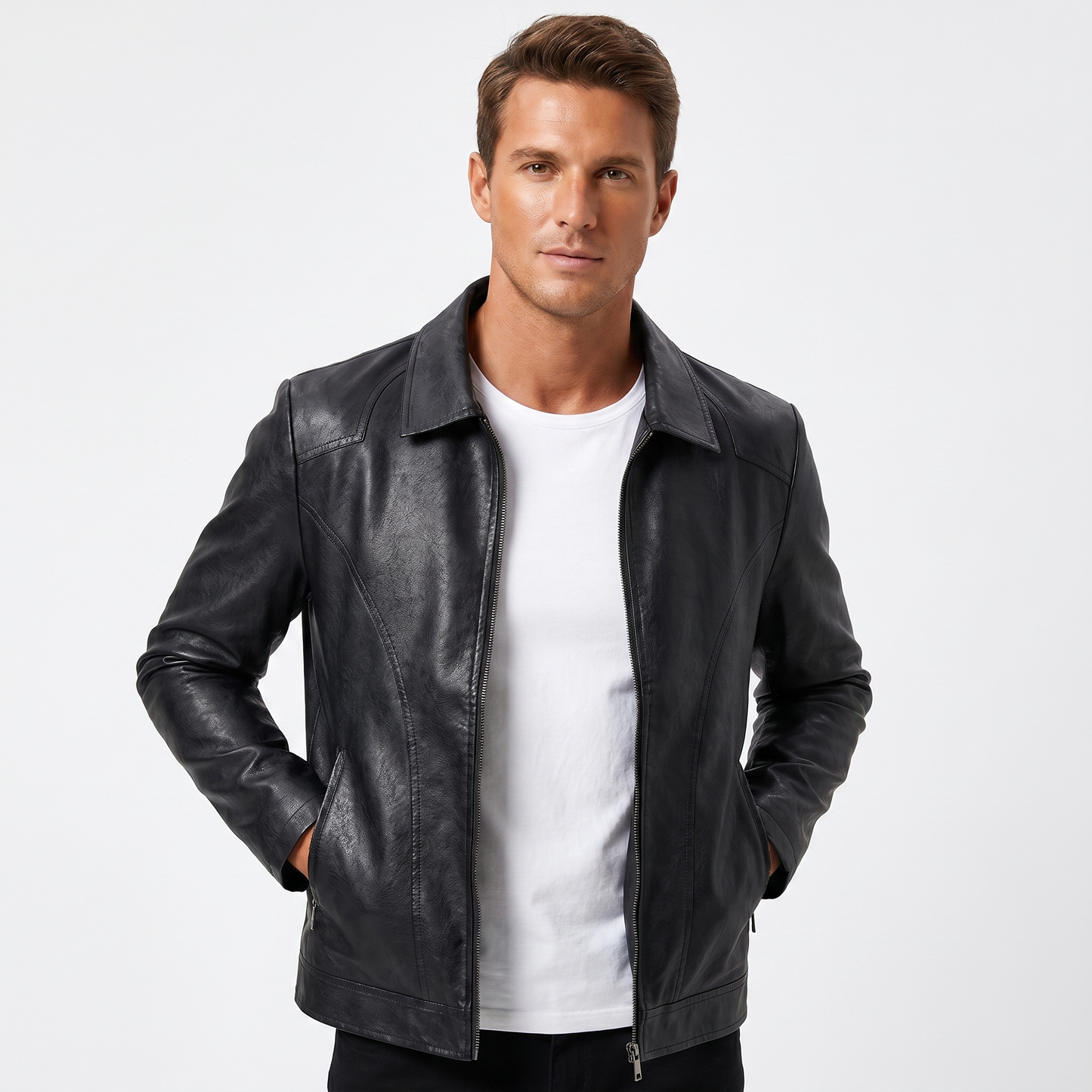 Men's Leather Jacket – Point Collar Zip-Up Relaxed Fit