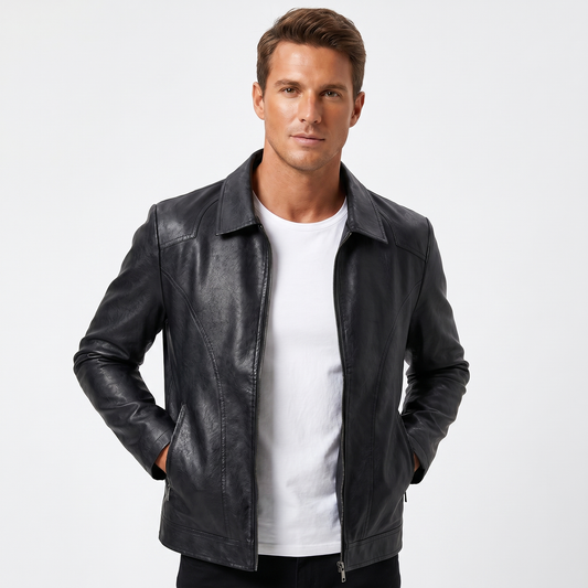 Men's Leather Jacket – Point Collar Zip-Up Relaxed Fit