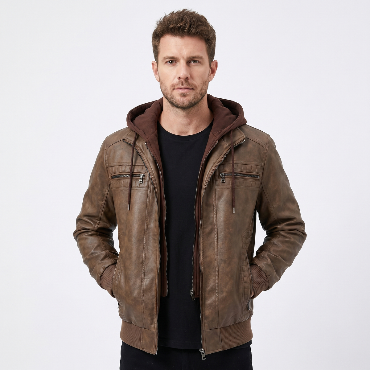 Men's Hooded Leather Jacket – Washed Bomber Zip Chest Pockets