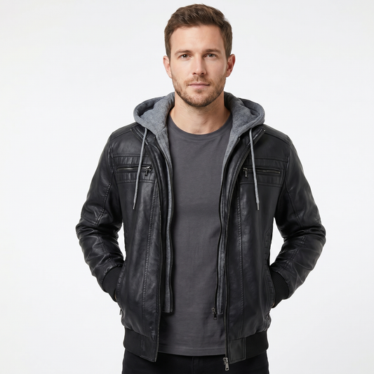Men's Hooded Leather Jacket – Washed Bomber Zip Chest Pockets
