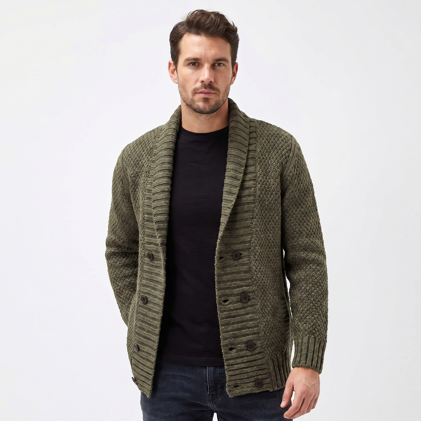 Men's Shawl Cardigan – Mixed Stitch Double-Button Open Front Knit