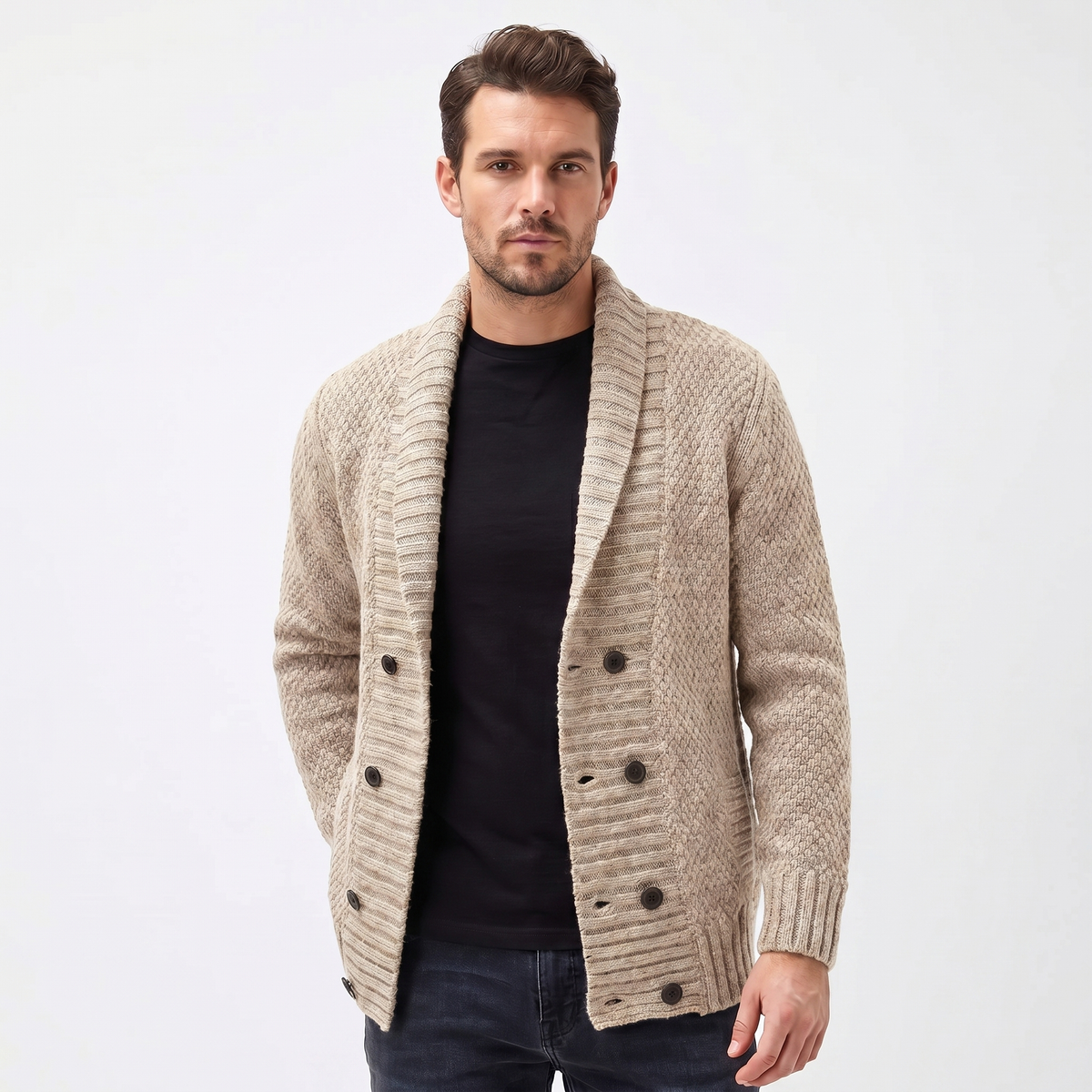 Men's Shawl Cardigan – Mixed Stitch Double-Button Open Front Knit
