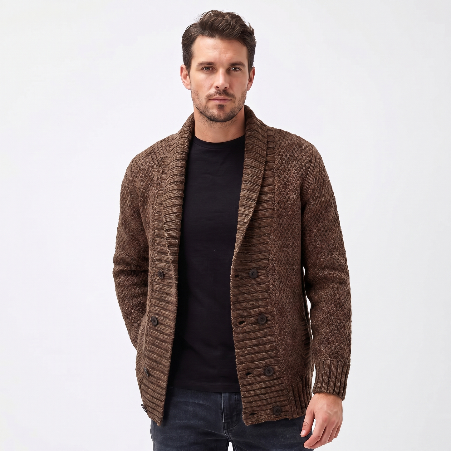 Men's Shawl Cardigan – Mixed Stitch Double-Button Open Front Knit
