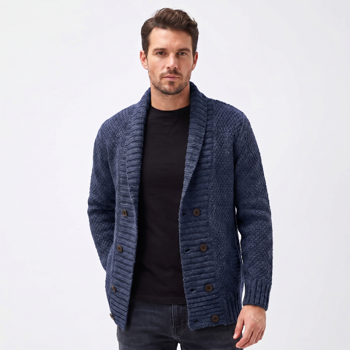 Men's Shawl Cardigan – Mixed Stitch Double-Button Open Front Knit