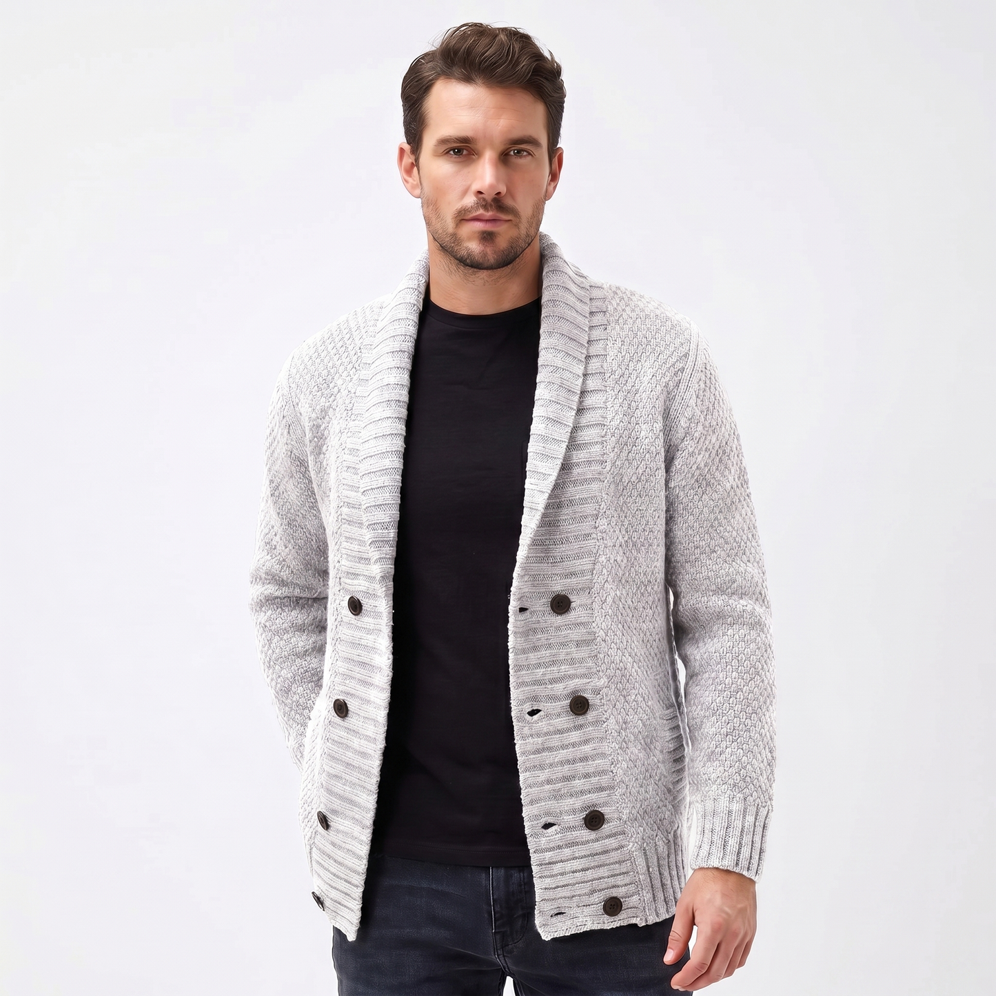Men's Shawl Cardigan – Mixed Stitch Double-Button Open Front Knit