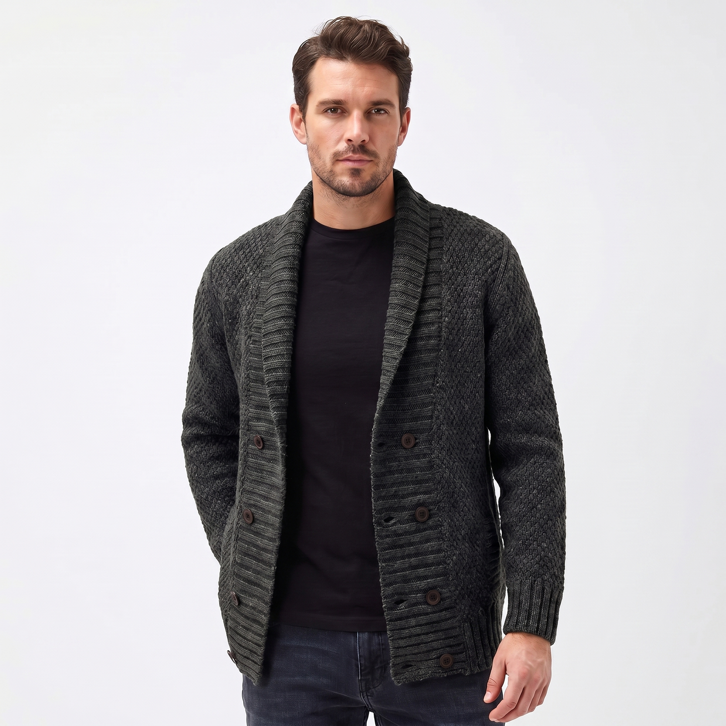 Men's Shawl Cardigan – Mixed Stitch Double-Button Open Front Knit