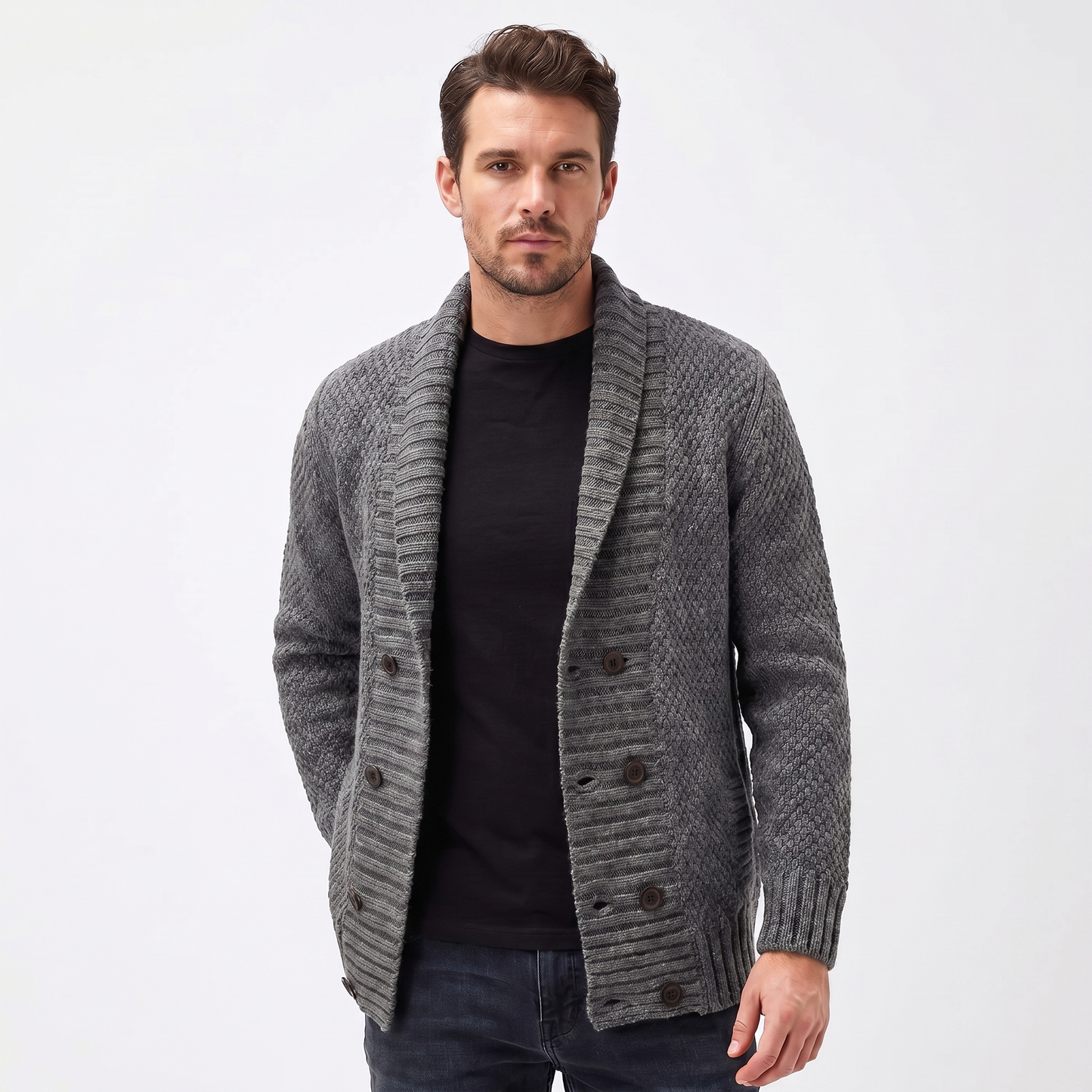 Men's Shawl Cardigan – Mixed Stitch Double-Button Open Front Knit