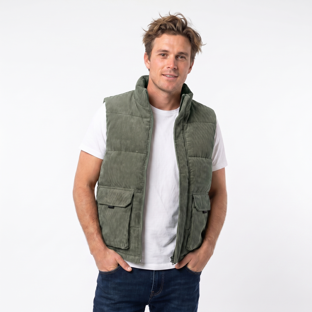 Men's Corduroy Vest – Wide Wale Puffer Cargo Pocket Zip-Up