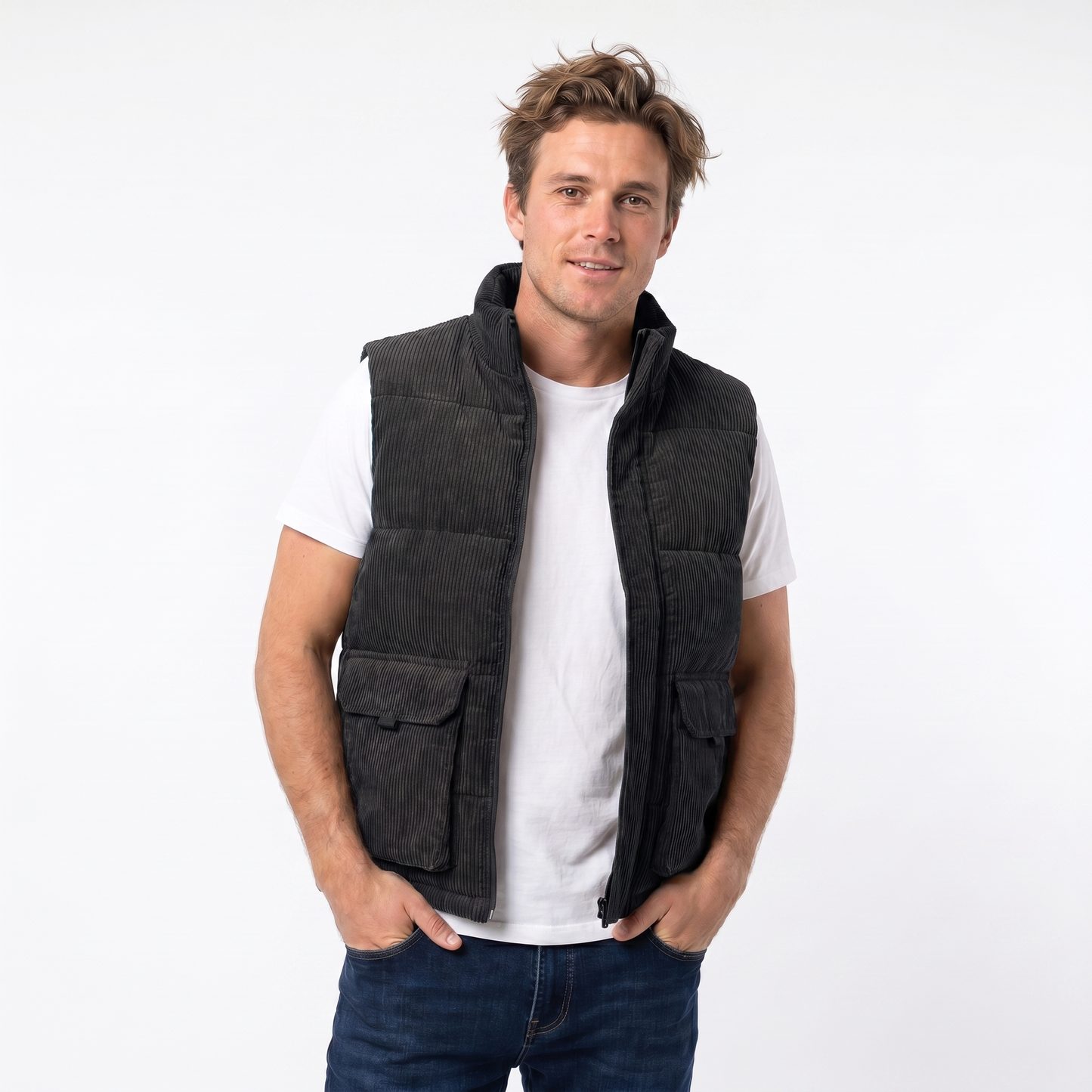 Men's Corduroy Vest – Wide Wale Puffer Cargo Pocket Zip-Up