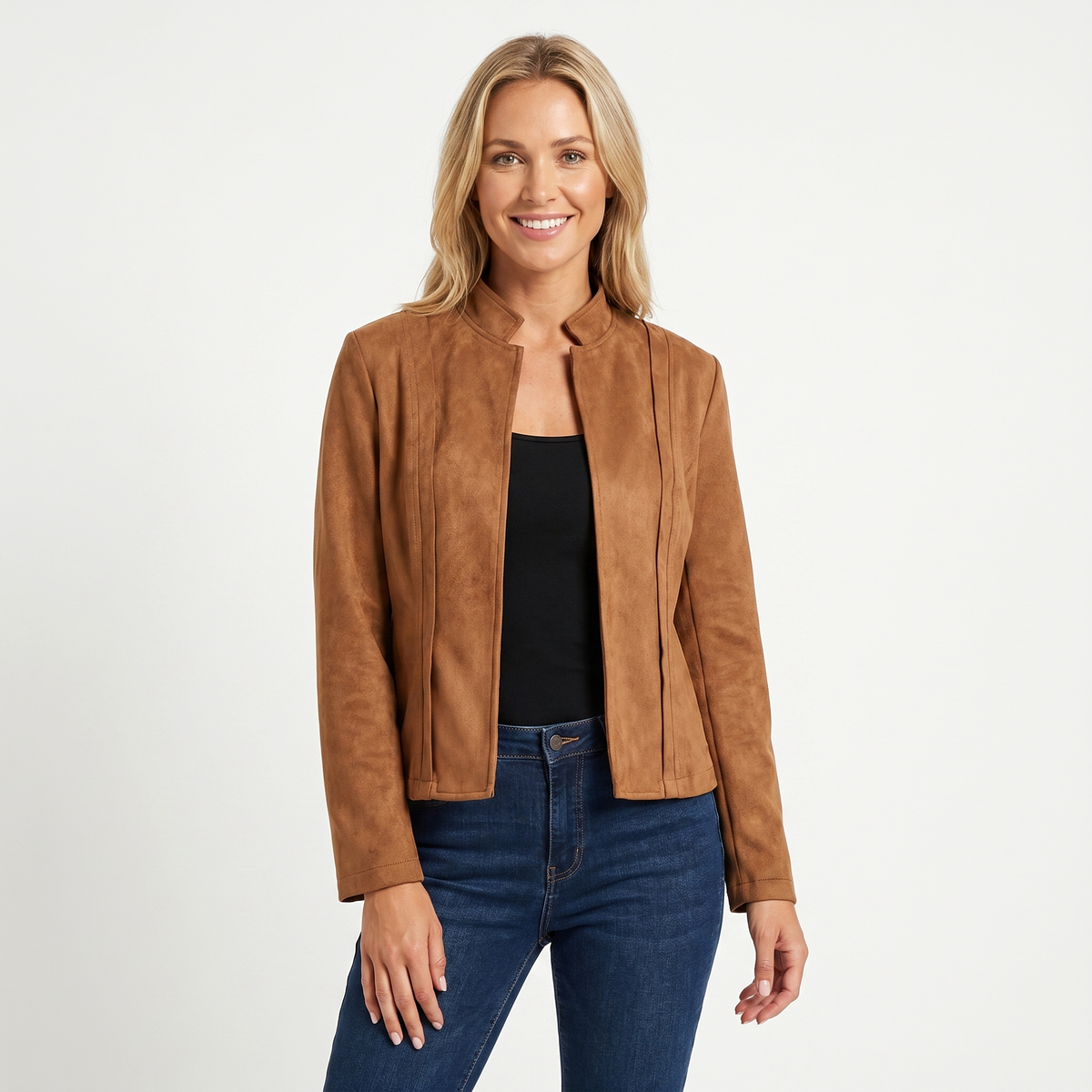 Women's Suede Jacket – Open Front Stand Collar Seam Panel Fitted
