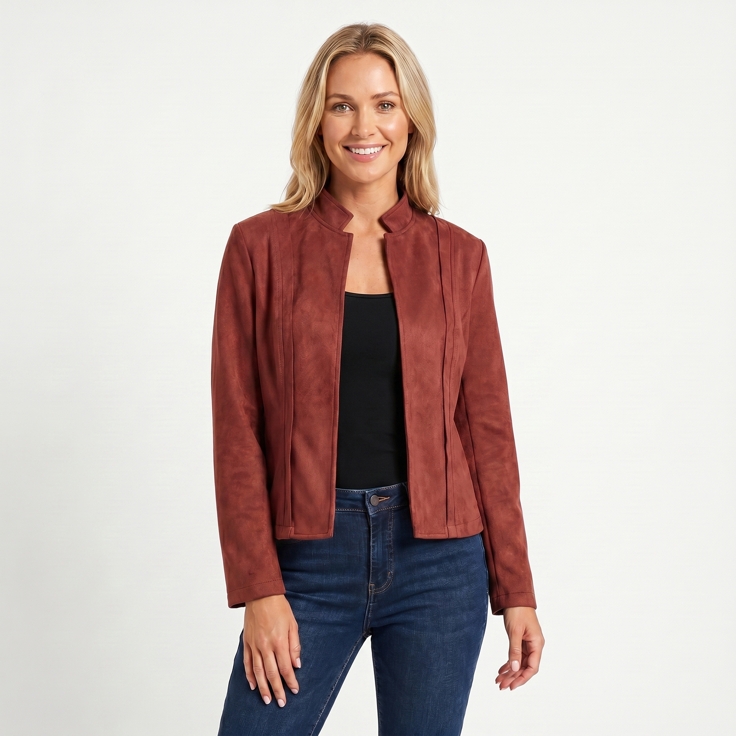 Women's Suede Jacket – Open Front Stand Collar Seam Panel Fitted