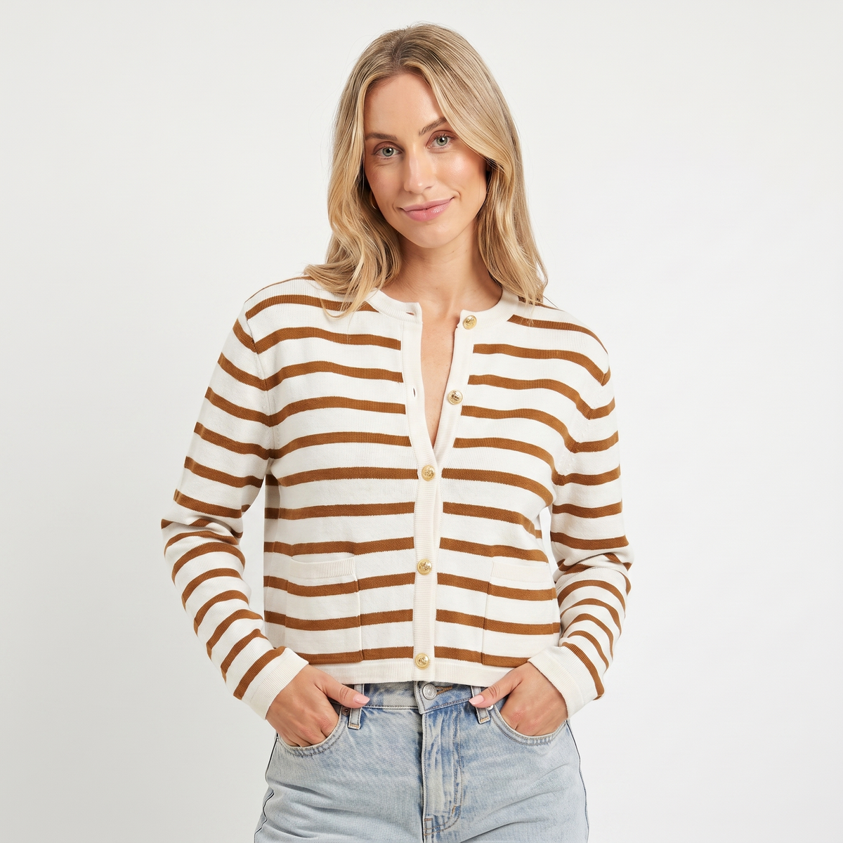 Women's Cropped Cardigan – Stripe Knit Gold Button Crew Neck
