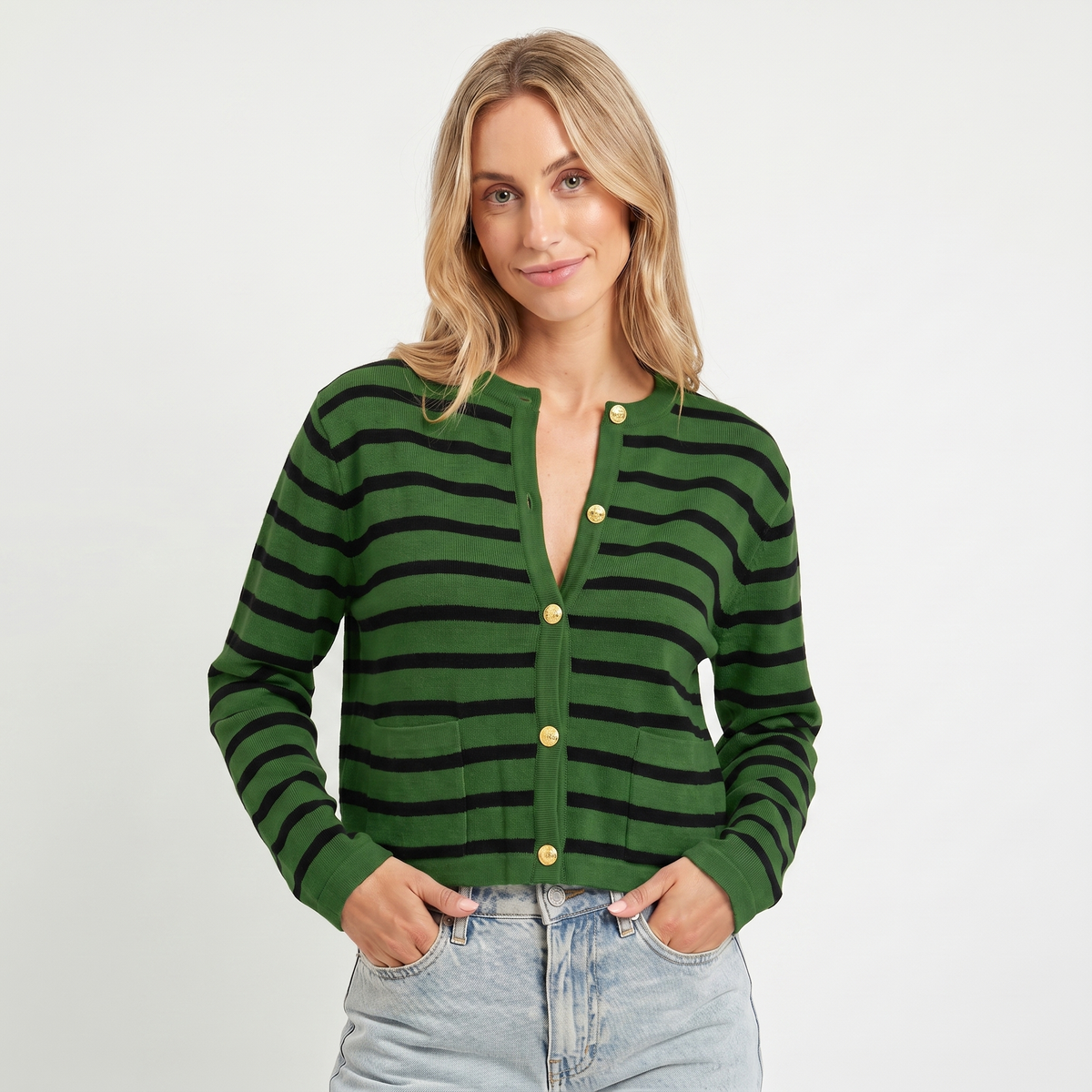 Women's Cropped Cardigan – Stripe Knit Gold Button Crew Neck