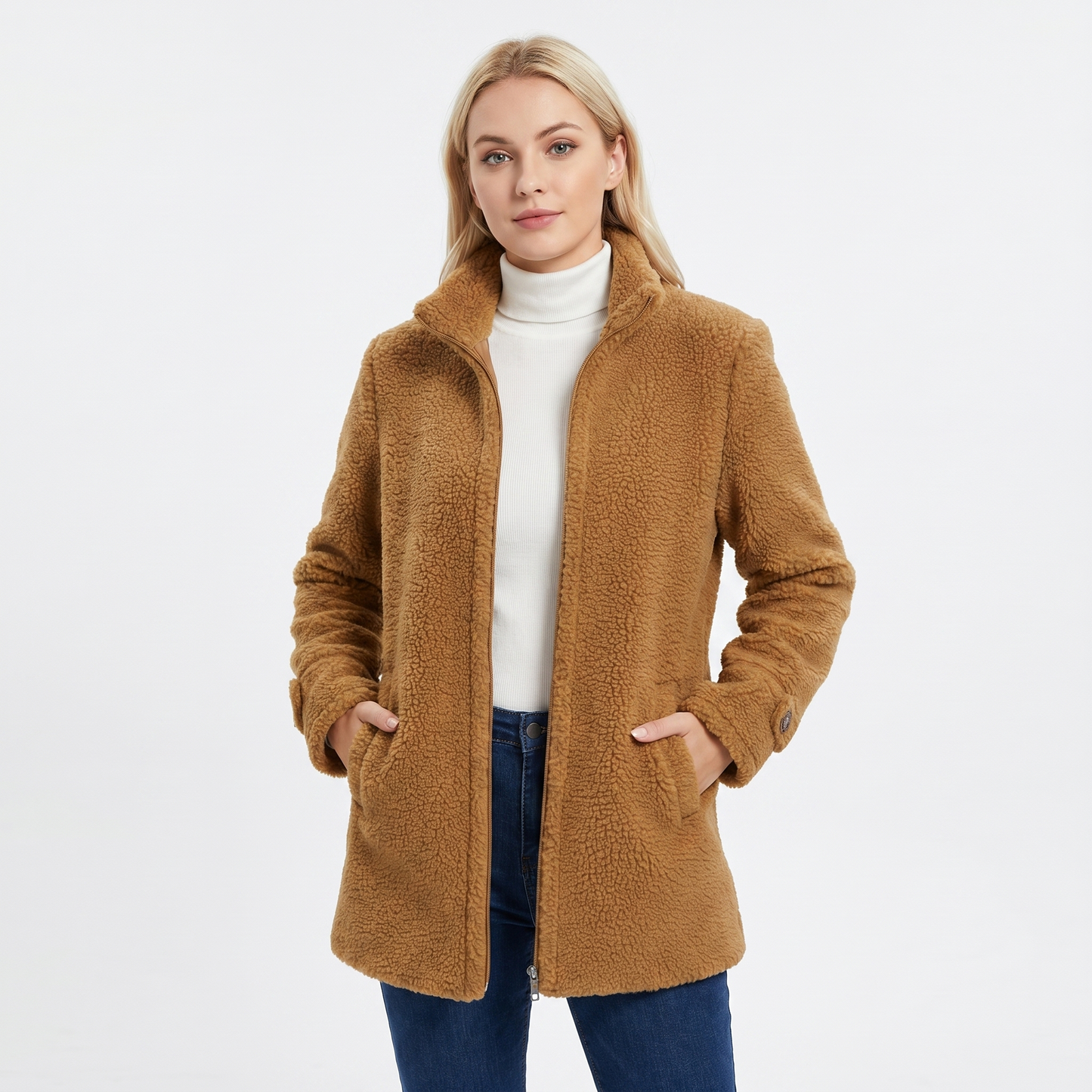 Women's Sherpa Coat – Teddy Bouclé Mid-Length Zip Stand Collar
