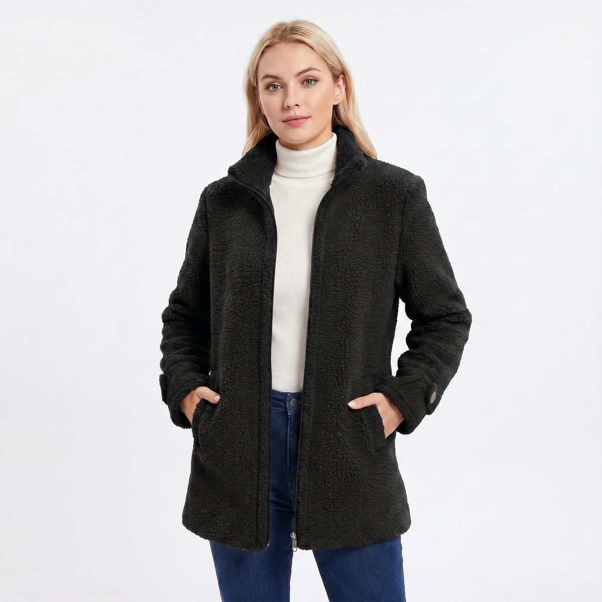 Women's Sherpa Coat – Teddy Bouclé Mid-Length Zip Stand Collar