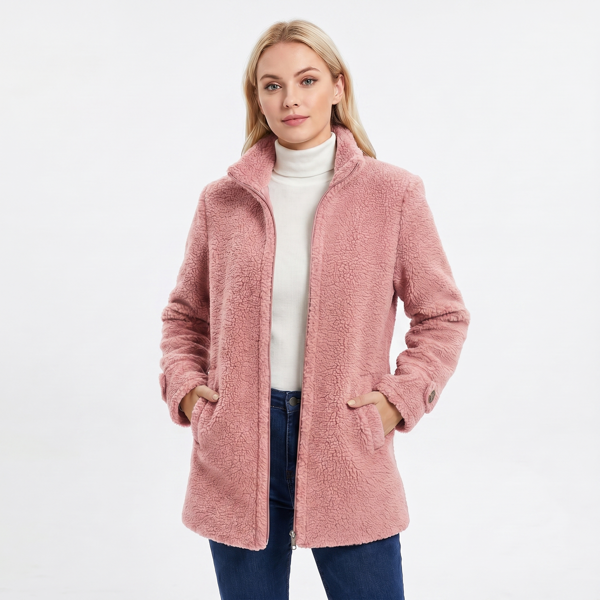 Women's Sherpa Coat – Teddy Bouclé Mid-Length Zip Stand Collar