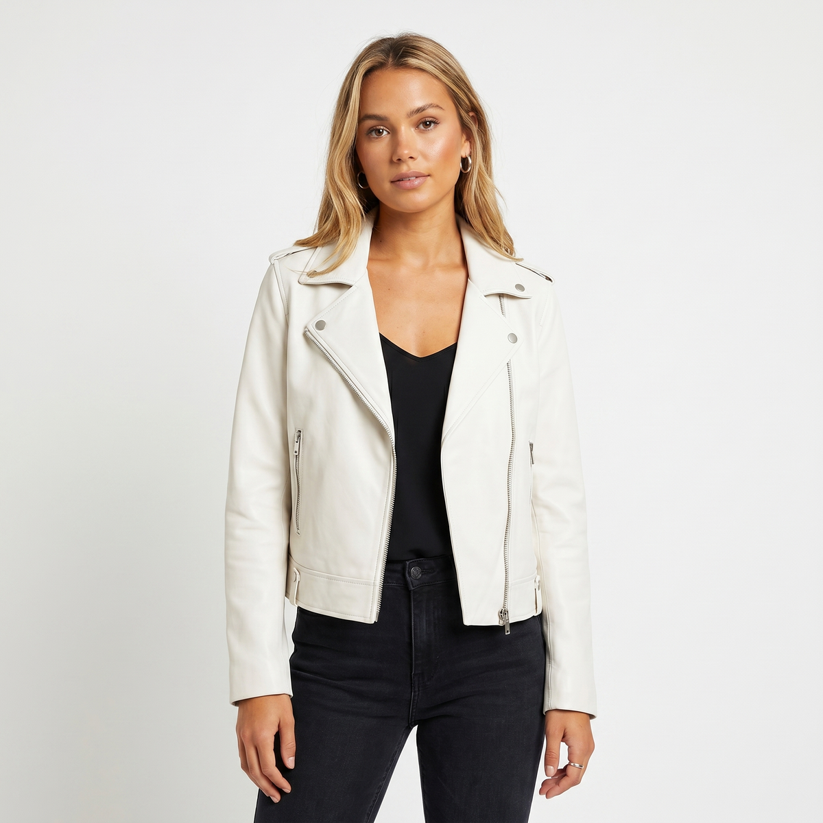 Women's Leather Jacket – Biker Asymmetric Zip Notch Lapel Cropped