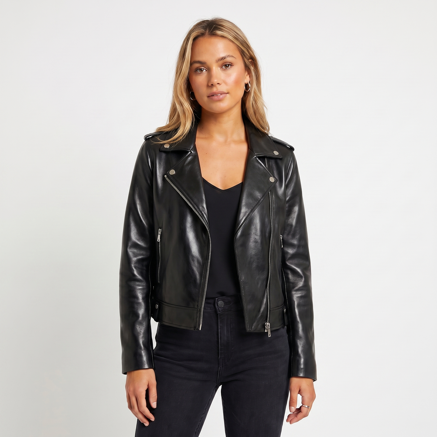 Women's Leather Jacket – Biker Asymmetric Zip Notch Lapel Cropped
