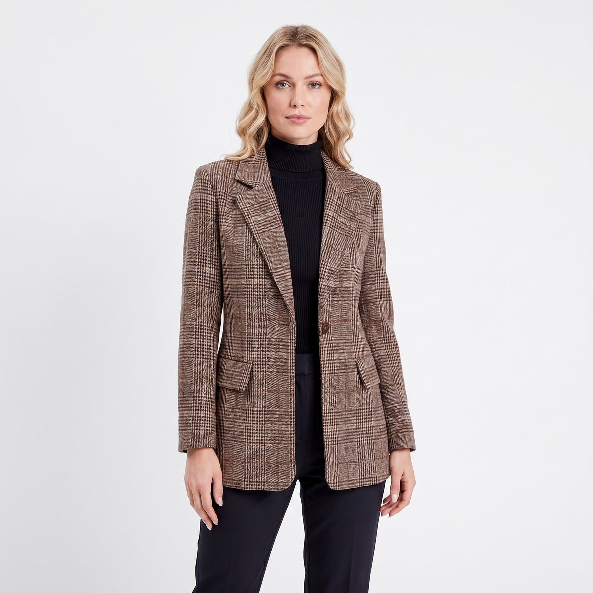 Womens Check Blazer – Single-Button Longline Tailored Fit