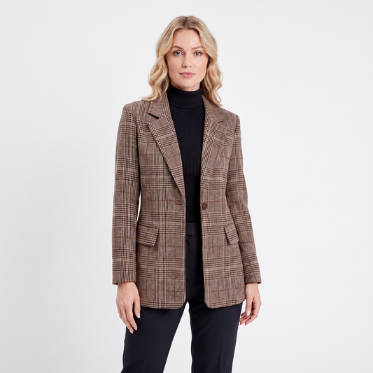 Womens Check Blazer – Single-Button Longline Tailored Fit