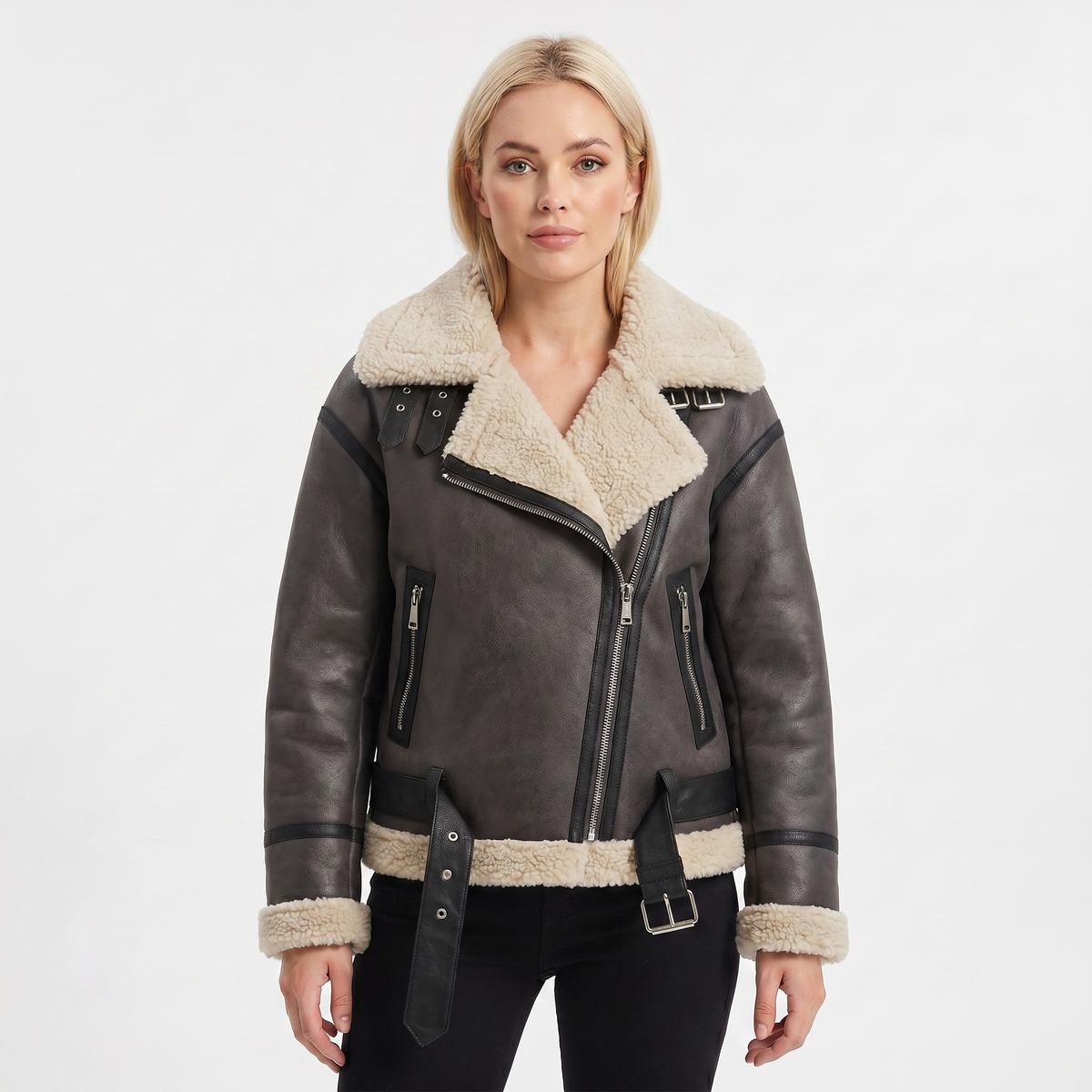 Women's Suede Jacket – Shearling-Lined Aviator Biker Belted