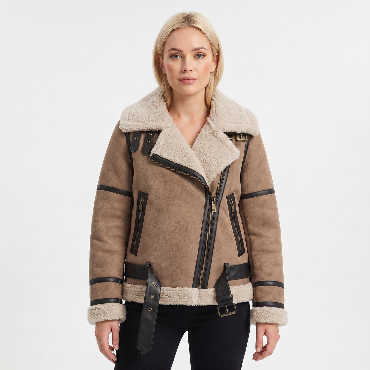Women's Suede Jacket – Shearling-Lined Aviator Biker Belted