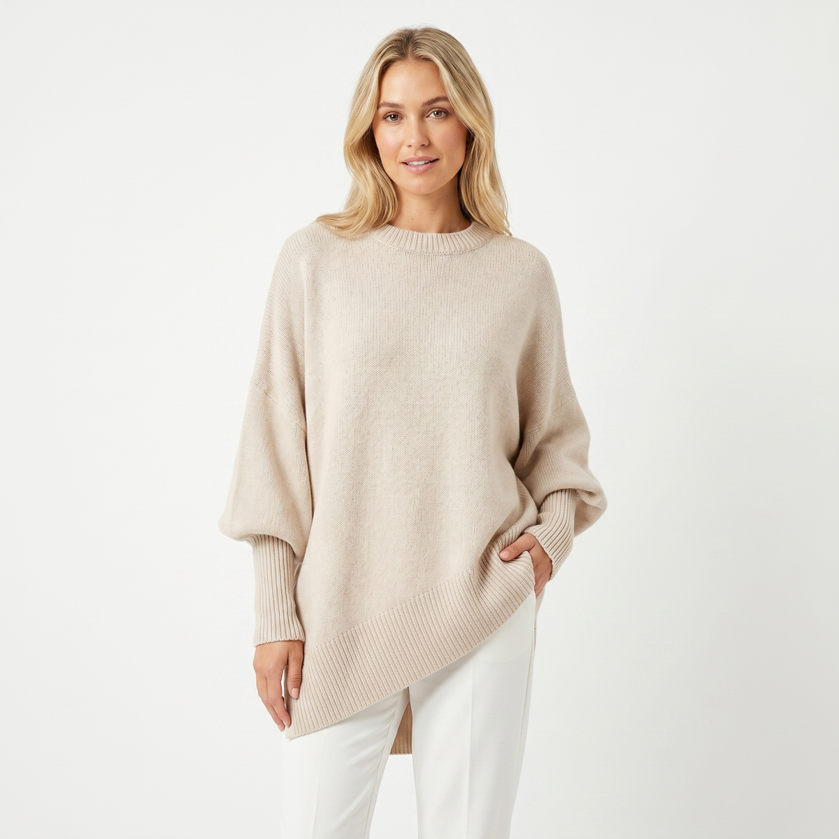 Women's Oversized Batwing Sweater – Asymmetric Hem Ribbed Crew Neck