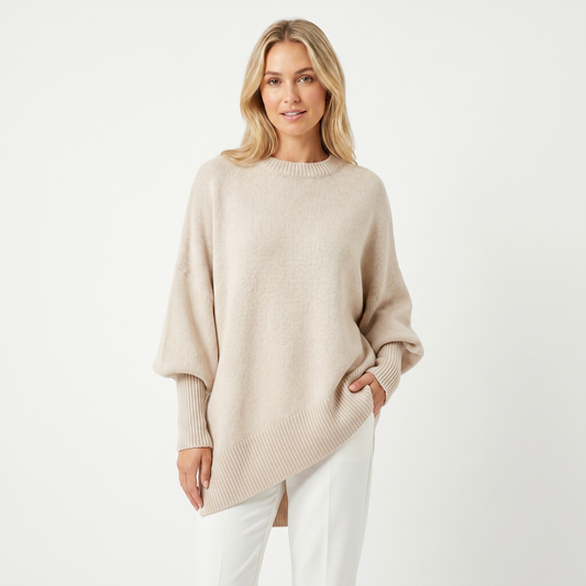 Women's Oversized Batwing Sweater – Asymmetric Hem Ribbed Crew Neck