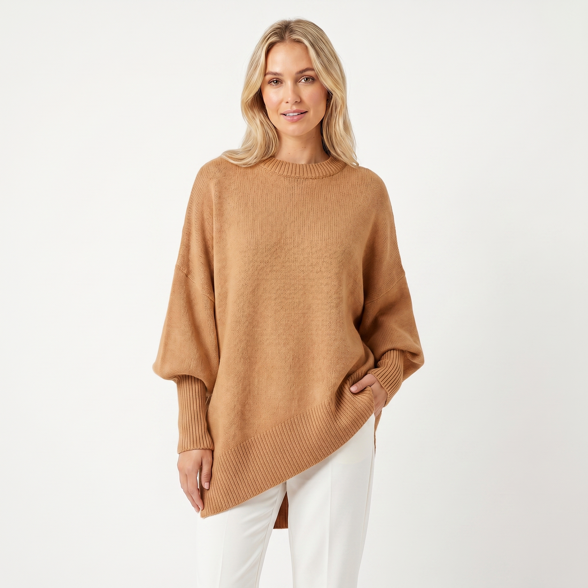 Women's Oversized Batwing Sweater – Asymmetric Hem Ribbed Crew Neck