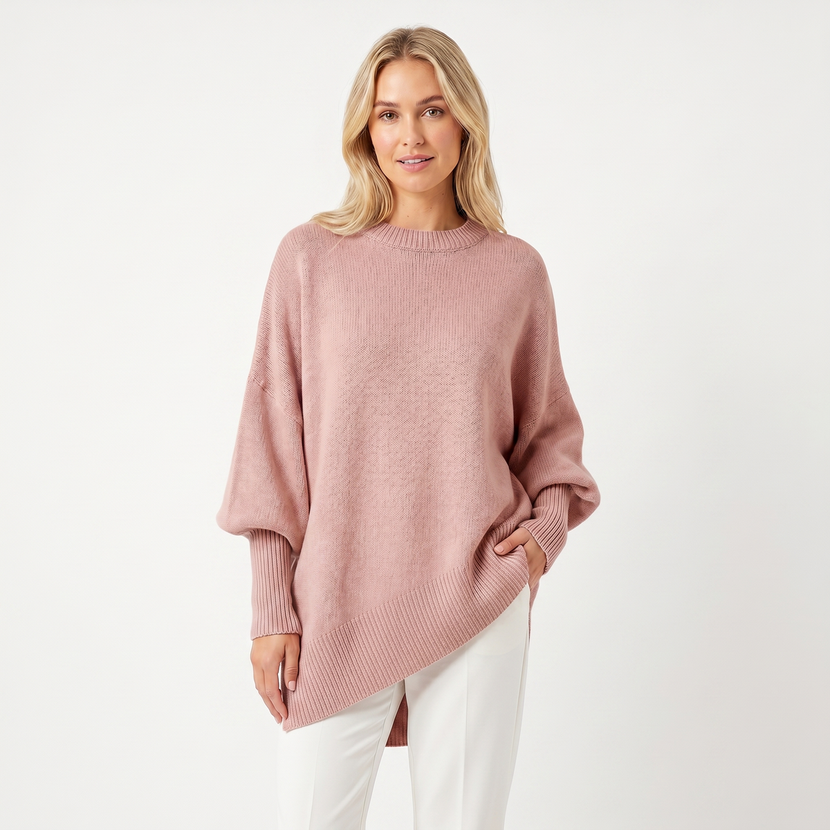 Women's Oversized Batwing Sweater – Asymmetric Hem Ribbed Crew Neck