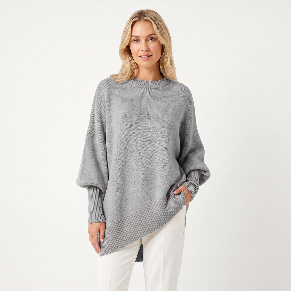 Women's Oversized Batwing Sweater – Asymmetric Hem Ribbed Crew Neck