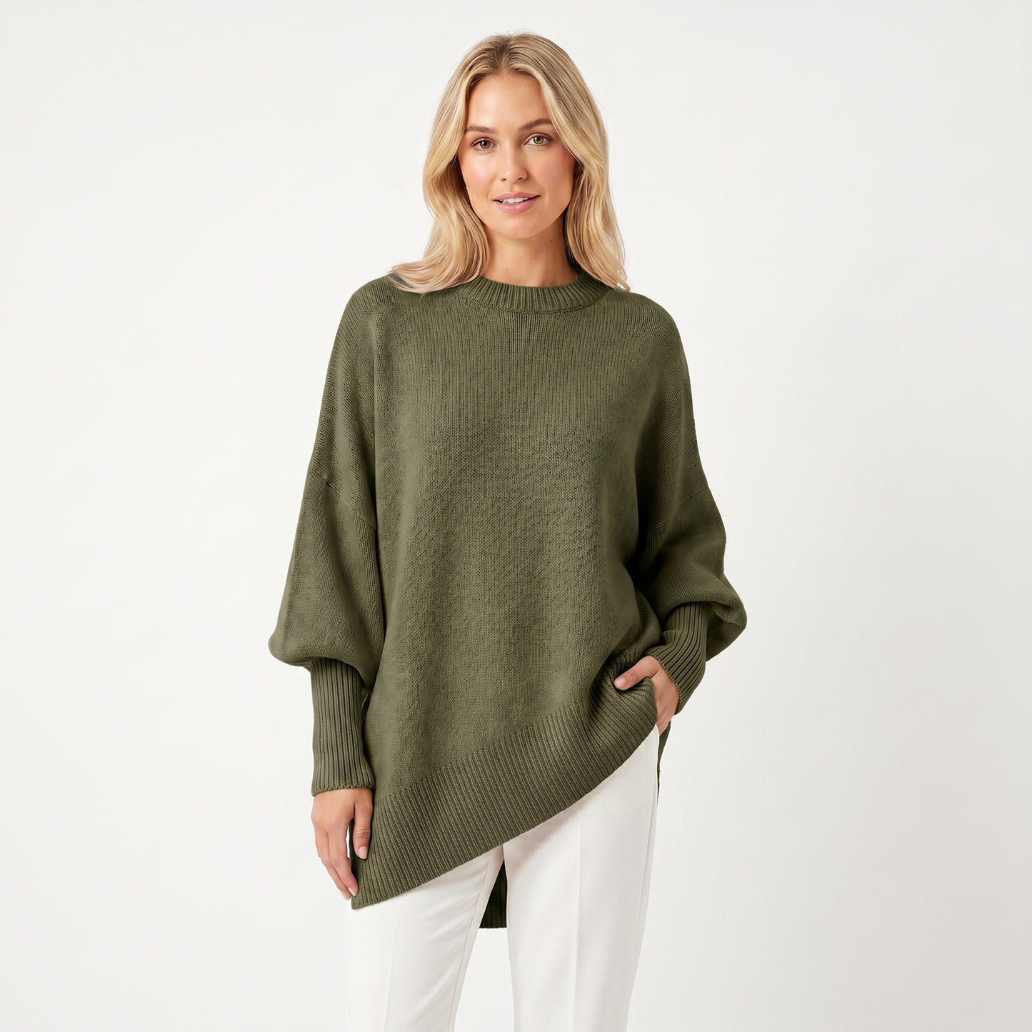 Women's Oversized Batwing Sweater – Asymmetric Hem Ribbed Crew Neck
