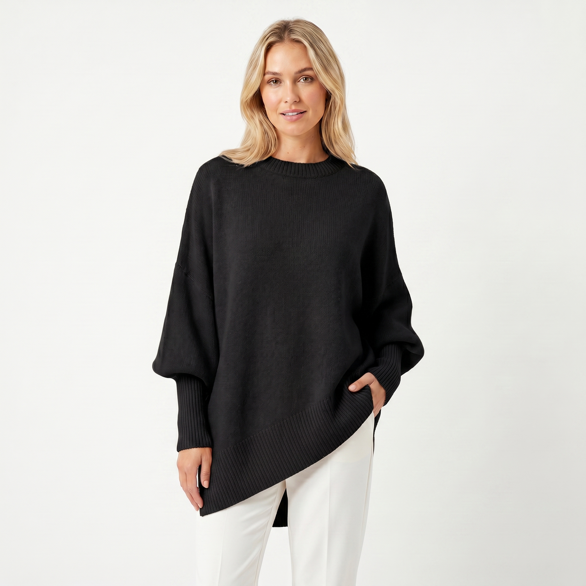 Women's Oversized Batwing Sweater – Asymmetric Hem Ribbed Crew Neck