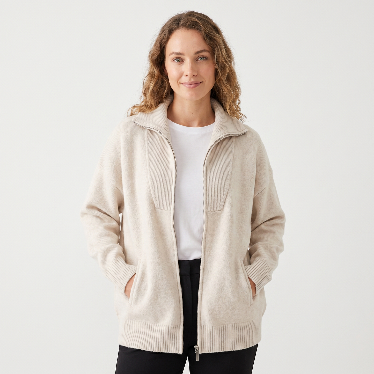 Women's Zip-Up Knit Jacket – Brushed Knit Ribbed Yoke Funnel Neck